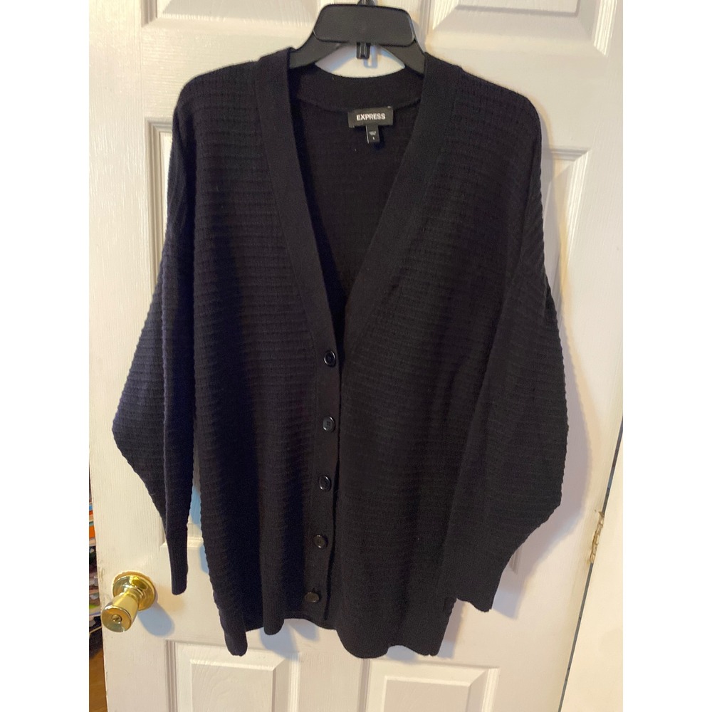 Express Black Textured Ribbed Knit Button Front Cardigan Sweater Small